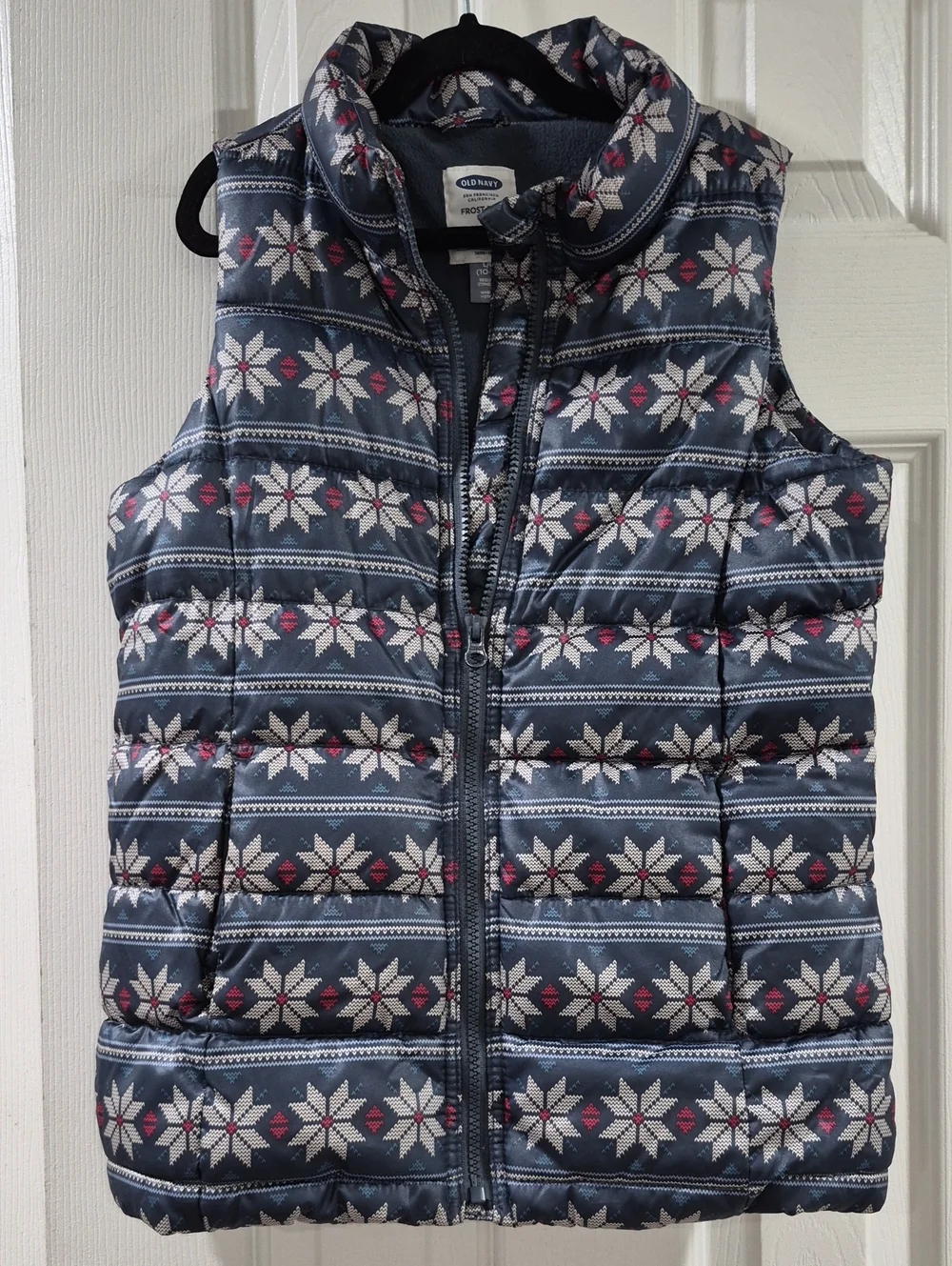 Old Navy Navy Quilted Vest with White Snowflake and Pink Accents